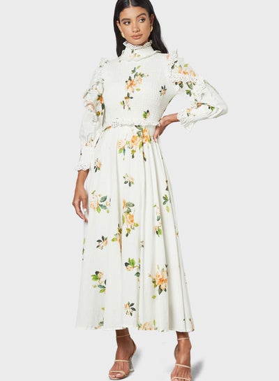 Buy Floral Print Shirred Dress in Saudi Arabia