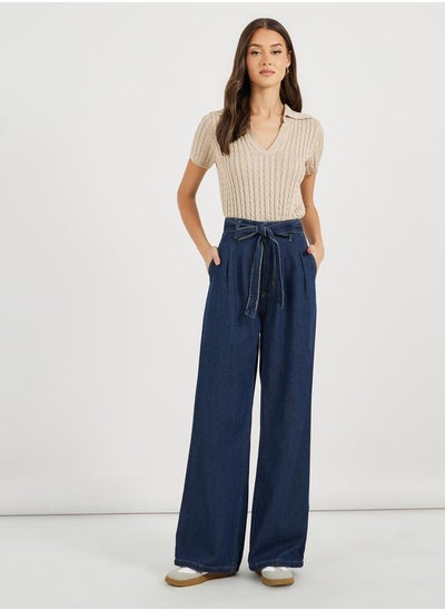 Buy High Rise Wide Leg Jeans with Tie Belt in Saudi Arabia