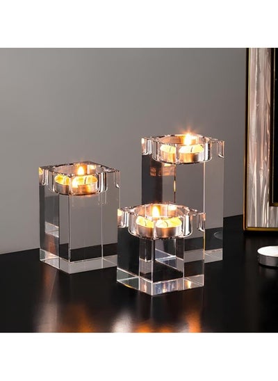 Buy Crystal Candle Holders Set of 3 Clear Tea Light Candle Holders Square Candle Stand Glass, Two Sizes (4cm & 6cm & 8cm) and (8cm & 10cm & 12cm) in UAE