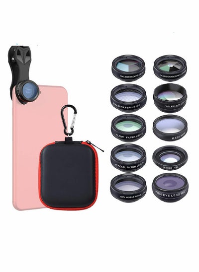 اشتري Phone Camera Lens Kit with 0.63X Wide Angle, 15X Macro, 198 Degree Fisheye, 2X Telephoto, CPL, Star Filter, Radial Filter, Flow Filter, Kaleidoscope 3, Kaleidoscope 6 Compatible with Android iPhone في السعودية