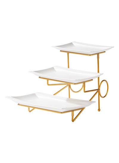 Buy Shallow Porcelain 3-Tier Plate with Gold Stand Rack - 23cm + 28cm + 33cm in UAE