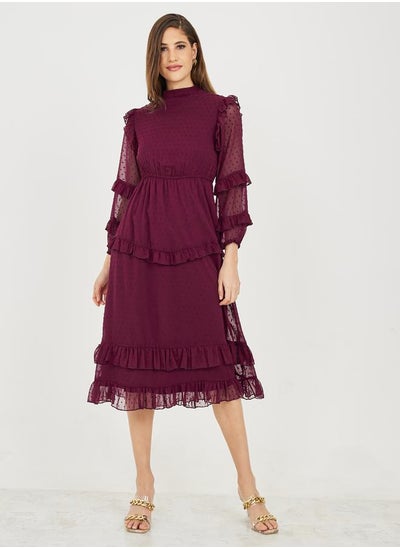 Buy Dobby Frill Detail Tiered Midi Dress in Saudi Arabia