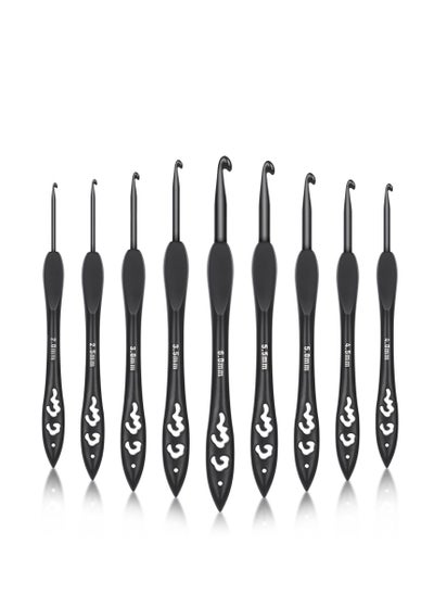 اشتري 9 Sizes Crochet Hooks, Black Crochet Needles, Ergonomic Soft Grip Aluminum Crochet Hook Set, Lightweight Knitting & Crochet Supplies, for Arthritic Hands Beginners Kids Adults 2.0mm(B)-6.0mm(J) في الامارات