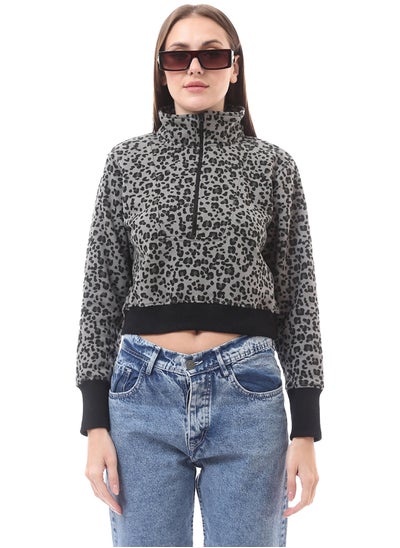 Buy Grey & Black Leopard Zipped Neck Sweatshirt in Egypt