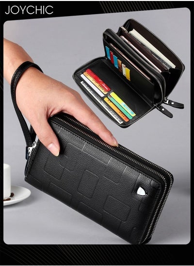 اشتري Genuine Leather Men's Wallet Long Zipper Clutch Leather Geometric Mobile Phone Bag Casual Small Handbag في السعودية