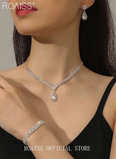 Buy 4 Pcs Rhinestone Necklace Earrings Bracelet Set Drop-Shaped Pendant V-Neck Chain Ear Dangle Bridal Evening Dress Accessories for Women in Saudi Arabia
