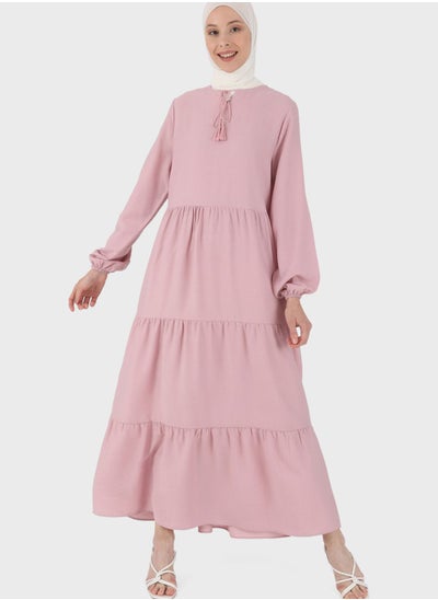 Buy Balloon Sleeve Tie Detail Dress in UAE