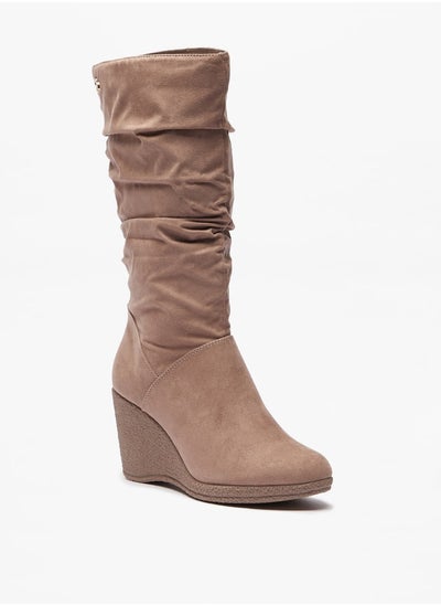 Buy Women Ruched High Shaft Boots with Wedge Heels in Saudi Arabia