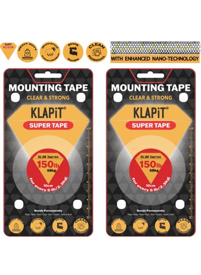 Buy KLAPiT SUPER TAPE Double Sided Tape Heavy Duty Mounting Tape Holds 150 Pounds or 68Kg Weight Using Enhanced Nano Technology. Clear Tape for Wall, Wood, Tile, Stone, Glass, Metal and Acrylic 3m, 2pc in UAE