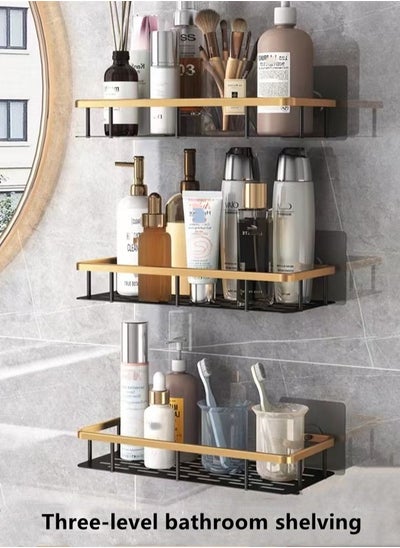 Buy 3-Pieces Bathroom Shelf High Quality Aluminum Hollow Out Design Easy Installation Black/Gold 30 x 13 x 4.7 Centimeter in UAE