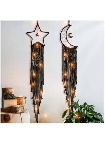 Buy Dream Catcher, 2Pcs Moon Star Dream Catcher Bedroom Accessories Black Handmade Wall Decor DIY Dreamcatcher Kit With LED String LIght For Girls Kids Bedroom Wall Hanging Decoration Gift, Black in Saudi Arabia