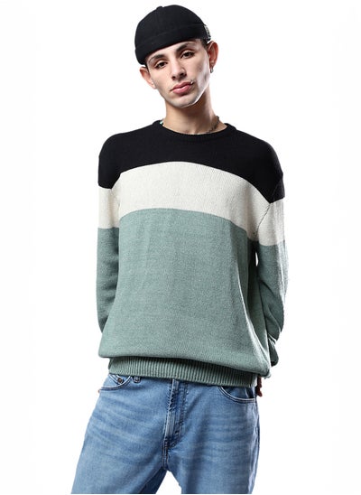 اشتري Tri-tone Knitted Relaxed Pullover - Black, Off-White & Mint في مصر