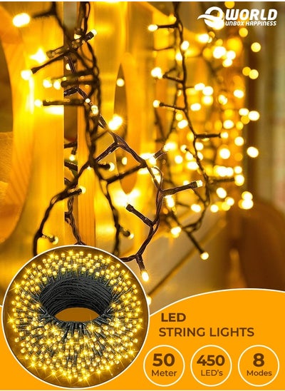 Buy Warm White String Lights, 50 Meters with 8 Flashing Modes & 450 LEDs, Battery-Powered for Eid, Weddings, Parties, Outdoor Spaces & Festive Decor in UAE