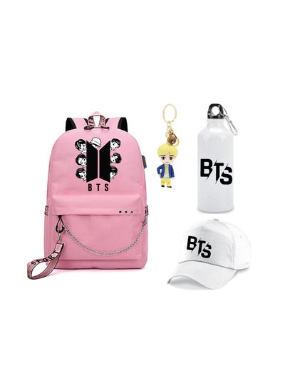 Buy BTS 4in1 Combo - Backpack - Cap - Keychain and Water Flask for True BTS Fans and Merchandise Gifts - Casual Shoulder Bag Travel with USB Charging Port For Girls in UAE