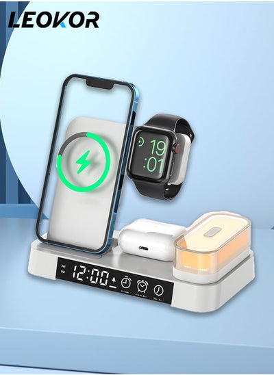 Buy Wireless Charging Station with Alarm Clock LED Night Light 4 in 1 Fast Wireless Charger for iPhone 14/13/12/11/Pro/Max/XS/XR Wireless Charging Stand Dock for Apple Watch (White) in Saudi Arabia