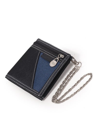 Buy Vintage Men Tri-fold Wallet Casual Canvas Purse Cards Holder with Chain in Saudi Arabia