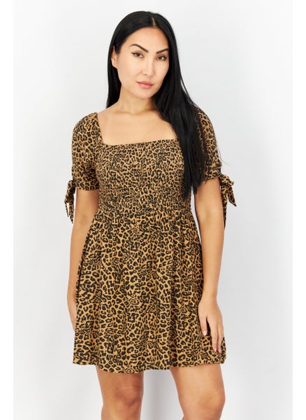 Buy Women Square Neck Long Sleeve Animal Print Mini Dress, Brown Combo in UAE