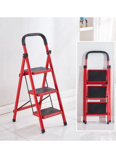 Buy Ladder Foldable 3 Steps Wide Step Steel Multi Purpose Portable Folding Stepladder Stool for Home Kitchen Garden Office Warehouse (Red) in UAE