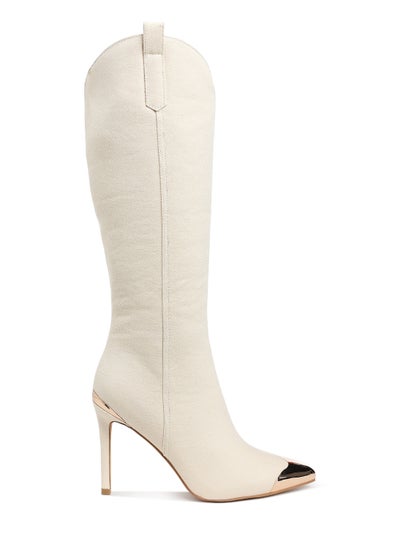 Buy Metallic Cap Toe Denim Boots in Beige in UAE