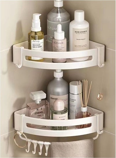 Buy 2-Pcs Set Metal Material Bathroom Shelf Shower Shampoo Organizer Wall Mounts Storage Rack Tape Hook  White 30x21.5x4.5 CM in UAE