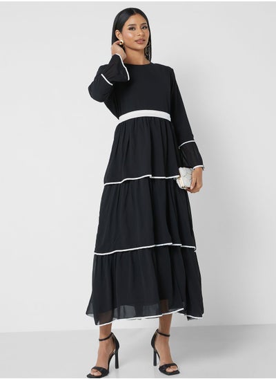 Buy Layered Dress With Contrast Piping in Saudi Arabia