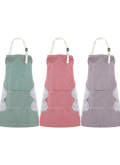 Buy Unisex Bib Apron, Set of 3, Adjustable Kitchen Aprons, Storage Pockets, 2 Side Hand Wipe Coral Velvet Towels, Stitched, Pinstripe, Waterproof Cooking Aprons for Daily Use in UAE