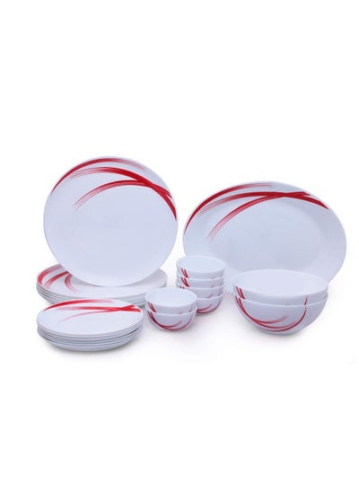 Buy 21 Pieces Opalware Dinner Sets- Microwave & Dishwasher Safe- Red Stella Dinnerware Set with 6-Piece Full Plate/6-Piece Side Plate/6-Piece Vegetable Bowl/2-Piece Serving Bowl/1Piece Rice Plate- White in Saudi Arabia