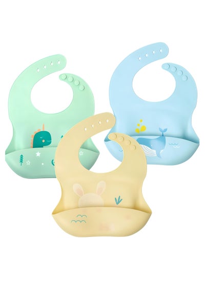 Buy Set of 3 Cute Silicone Baby Bibs for Babies & Toddlers (10-72 Months) Waterproof, Soft, Unisex, Non Messy (Yellow/Blue/Green) in UAE