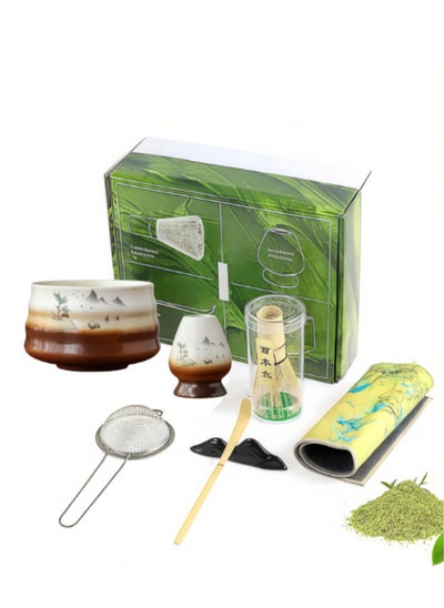 Buy Matcha Tea Set 7Pcs,  Traditional Matcha Set, Include Matcha Bowl, Matcha Bamboo Whisk, Scoop, Stainless Steel Tea Sifter, Whisk Holder, Tea Making Kit, Bowl mat, Best gifts for friends and family in Saudi Arabia