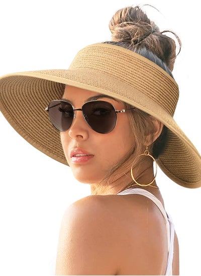 Buy Sun Visor Hats for Women Wide Brim Straw Roll-Up Ponytail Summer Beach Hat UV UPF Packable Foldable Travel in UAE