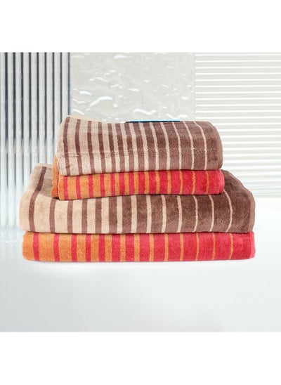 Buy 4 Piece Bathroom Towel Set BOUNDRY 450 GSM 100% Cotton Velour 2 Bath Towel 70x140 cm & 2 Hand Towel 50x90 cm Red & Brown Color Modern Stripe Design Luxury Touch Extra Absorbent in UAE