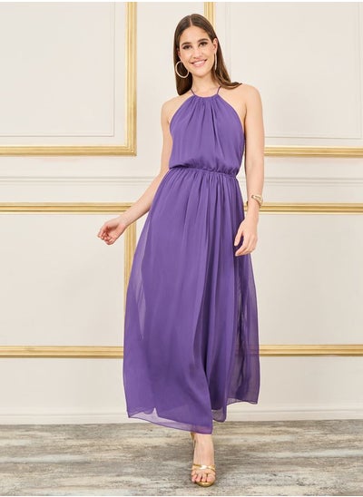 Buy Solid Crinkle Halter Neck Sheath Maxi Dress in Saudi Arabia