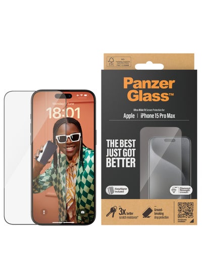 اشتري واقي شاشة مقاوم للخدش PanzerGlass™ لهاتف Apple iPhone 15 Pro Max - مقاس واسع للغاية وشاشة شفافة للغاية ومقاومة للصدمات وحماية من السقوط مع مساعدة في التركيب لسهولة التركيب في الامارات