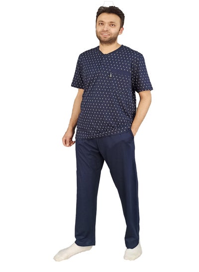 Buy Men Summer Pajama Set Printed Top & Plain Bottom - Navy Blue in Egypt