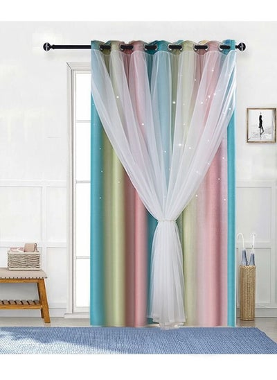 Buy Double Layer Star Cut Out Gradient Thermal Insulated Blackout Curtain for Kids Room Living Room Pink/Green/Blue 200x270cm in UAE