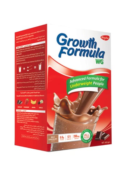 اشتري جروث فورميلا دبليو جي مكمل غذائي لتغذية متوازنة، يساعد على التخلص من نقص الوزن و النحافة لعمر 13-50 سنة - 6.6 جرام بروتين - 400 جرام - بطعم الشيكولاتة في مصر