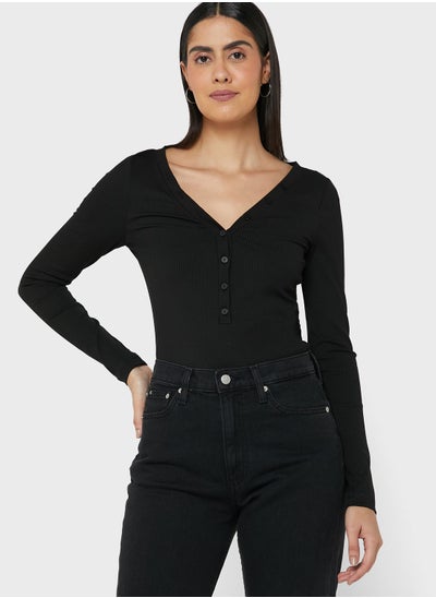 Buy Ribbed Button Detail Top in UAE