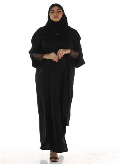 Buy Elegant Black Abaya With Embroidered Lace Sleeves in Saudi Arabia