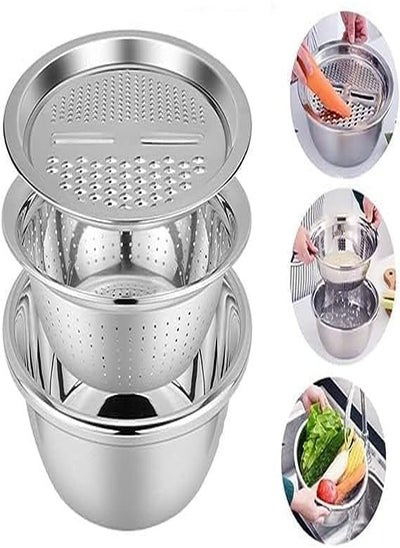 Buy 3 in 1 Multifunctional Stainless Steel Grater Basin, Colander, Drain Basket, Salad Bowl in Egypt