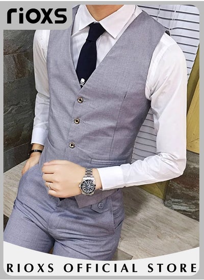 Buy Men’s Suit Vest Causal Formal Waistcoat V-neck Suit Vests Four Buttons Blazer Slim Fit Men Solid Color Single Breasted Business Suits in Saudi Arabia