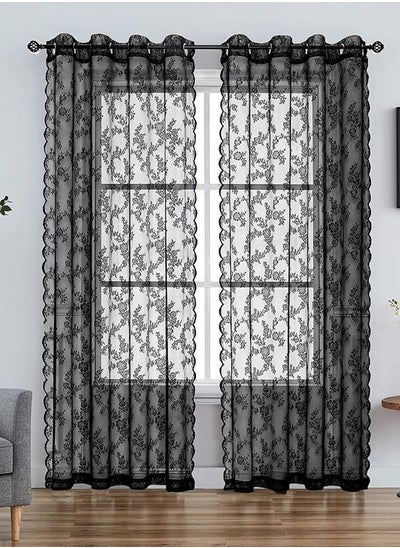 Buy 2-Piece Grommet Rose Lace Light Filtering Sheer Window Curtains for Bedroom Living Room Black in UAE