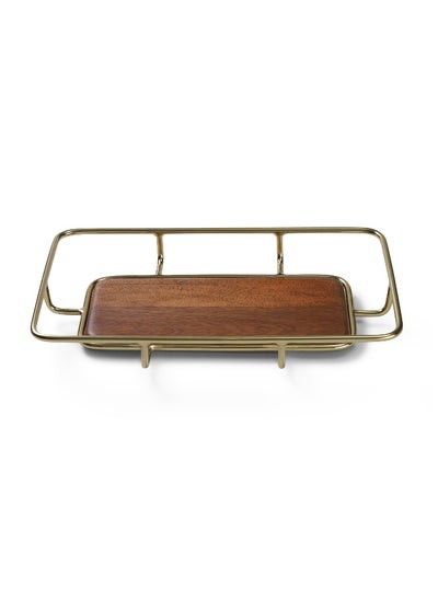 Buy Clive Metal And Wood Rectangular Serving Tray 46X5X26Cm- Brown And Gold in UAE