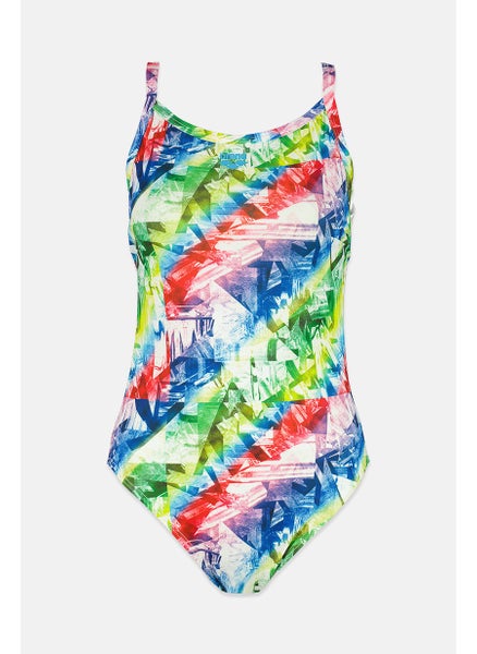 Buy Women Abstract Print One Piece Swimsuit, Blue and Green in Saudi Arabia