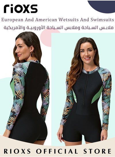 Buy Womens One Piece Swimsuit Long Sleeve Rash Guard UV Protection Printed Bathing Suits Surfing Swimwear Zip Front Wetsuit Swimming Costume Set in Saudi Arabia