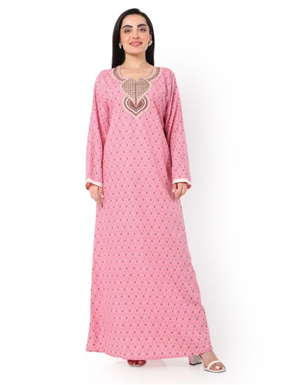 Buy ELEGANT EMBROIDERED AND PRINTED PINK COLOUR STYLISH ARABIC KAFTAN JALABIYA DRESS in Saudi Arabia