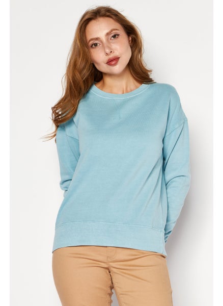 Buy Women Crew Neck Long Sleeves Vintage Sweatshirt, Light Blue in Saudi Arabia