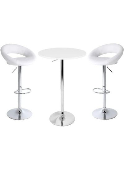 اشتري AWF AL WADI FURNITURE 3-Piece Adjustable Round MDF Wood Bar Table Set with 2 RO Bar Stools for Pub Counter Kitchen Home PU Leather Bar Chairs with Footrest 360°Swivel Perfect for Small Space, White في الامارات