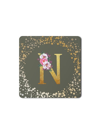 Buy Designer Leather Coasters Mat for Beverage Drinks- Custom Monogram Initial Letter Floral Pattern Alphabet - N (Olive Green) in UAE