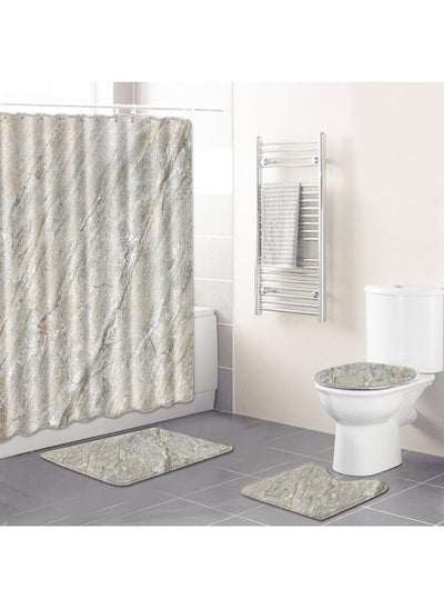 Buy 4-Piece Water-resistant Shower Curtain & Lid Toilet Cover Pedestal Rug Non-slip Bath Mat Bathroom Decoration Accessories in UAE