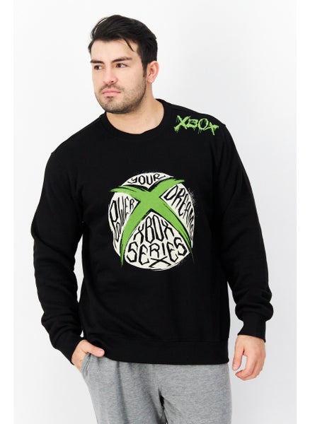 Buy Men Crew Neck Printed Long Sleeve Fleece Sweatshirts, Black in UAE